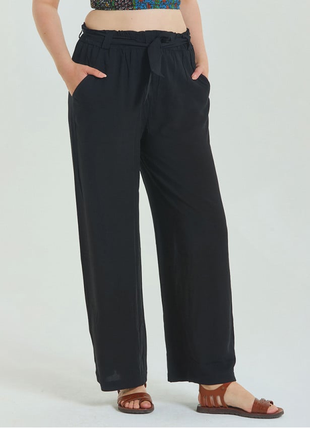Black Women's Plus Size Trousers with Elastic Waist Belt Detail 4620